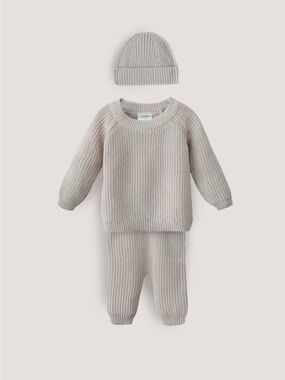 Mushie Baby Set (3-6 months) Chunky Knit Sweater, Pants & Beanie - Light Beige